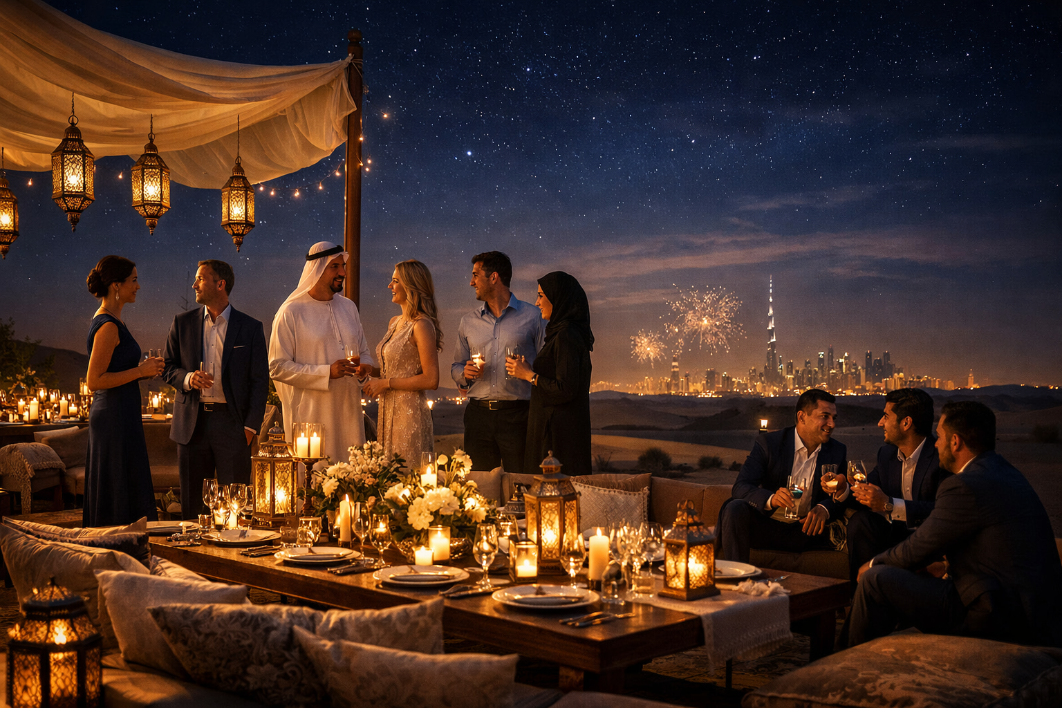 Cinematic luxury Eid celebration in the UAE desert with elegant lantern-lit dining setup, corporate guests in refined attire, Dubai skyline with Burj Khalifa in the distance, and soft fireworks illuminating the twilight sky.